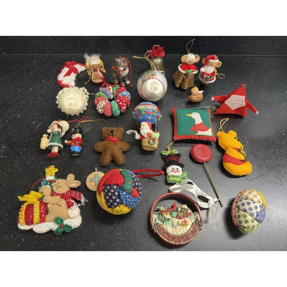 Vtg Cottagecore Christmas Ornament Lot Handmade Felt Wood Mouse Santa Primitive